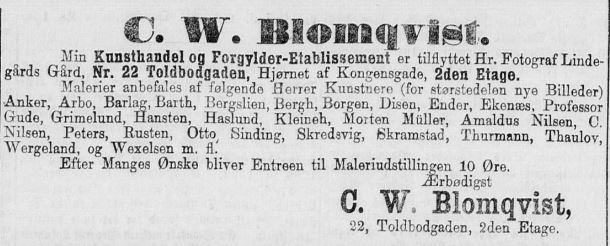 Blomqvist melder i en annonse i Morgenbladet 6. november 1879 at de har flyttet til Hr. Fotograf Lindegårds Gård